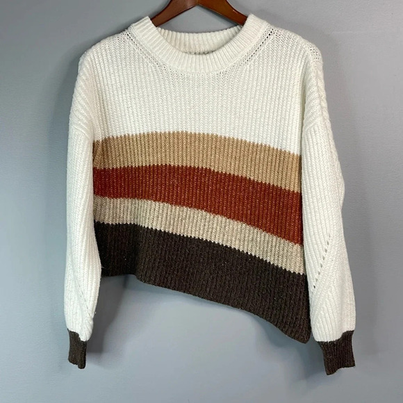 RACHEL ZOE Asymmetrical Knit Sweater Striped Earth Tones Long Sleeve Crewneck M - Picture 10 of 10